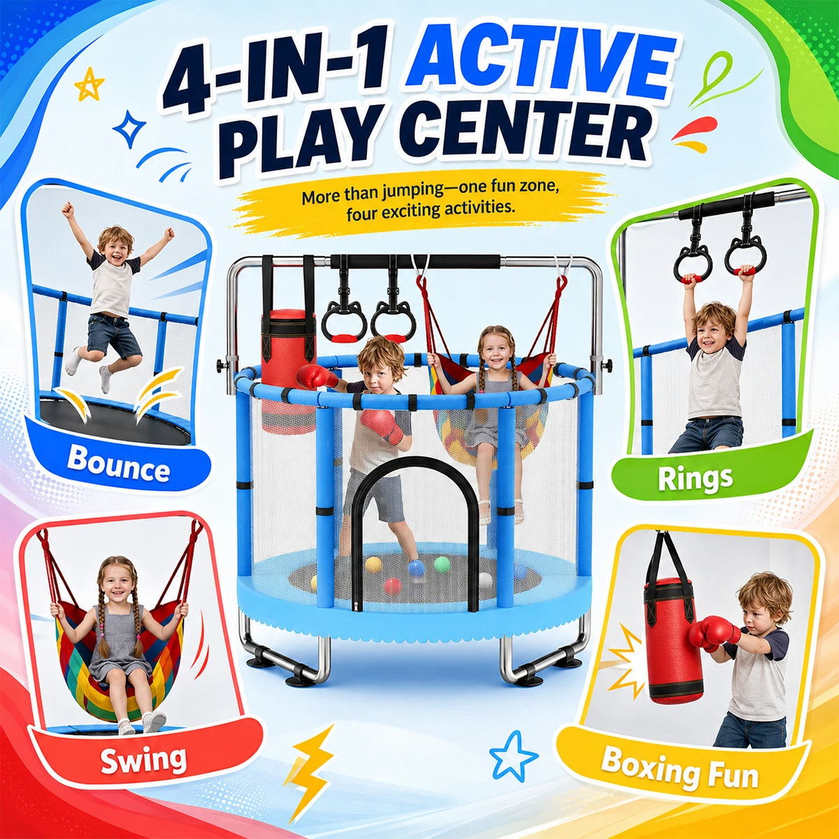 Multifunctional Kids Indoor Trampoline With Swing And Boxing Bag