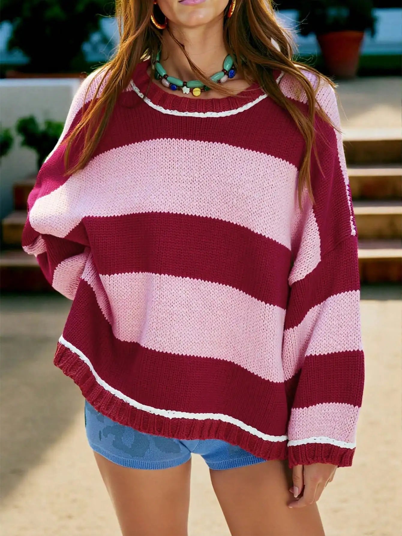 Fisoew Women's Loose Colorblock Knit Sweater