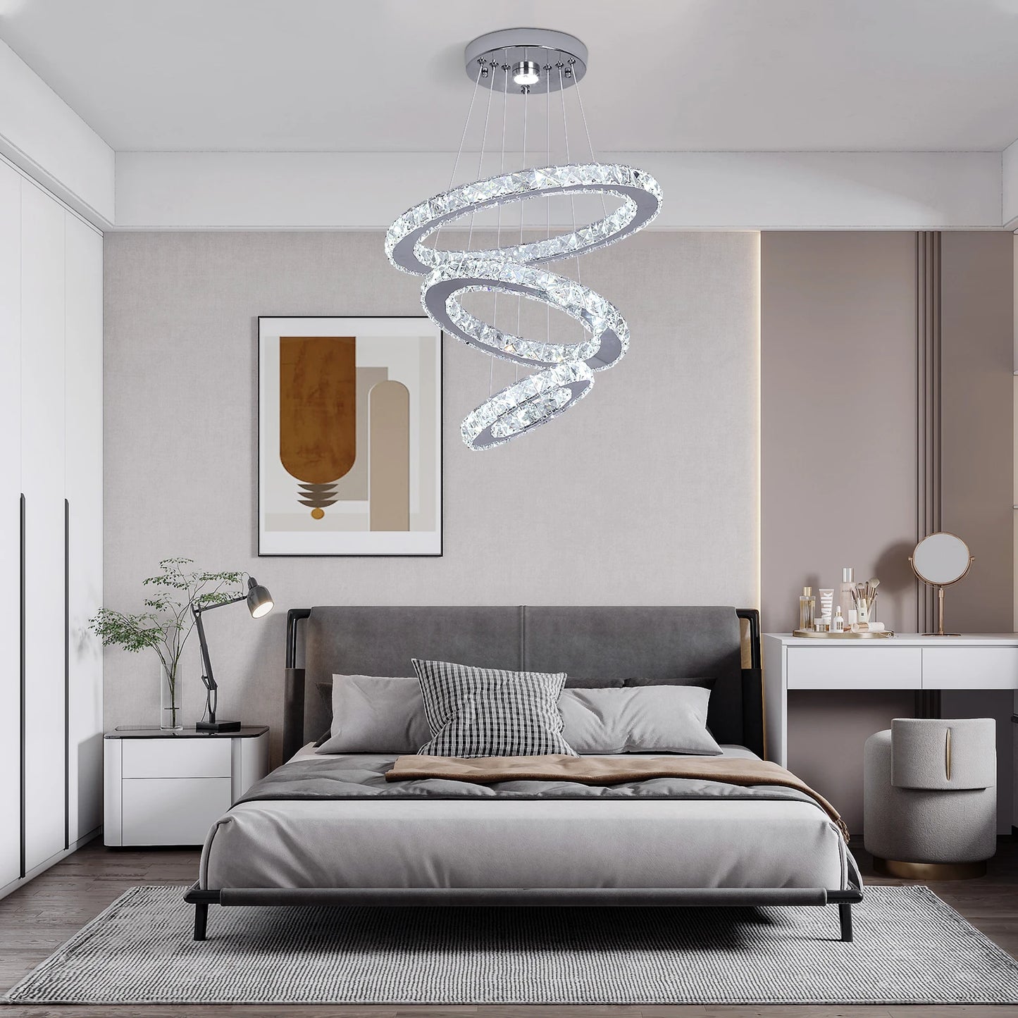 GreeLustr Modern LED Pendant Light Crystal Rings Dimmable Chandelier