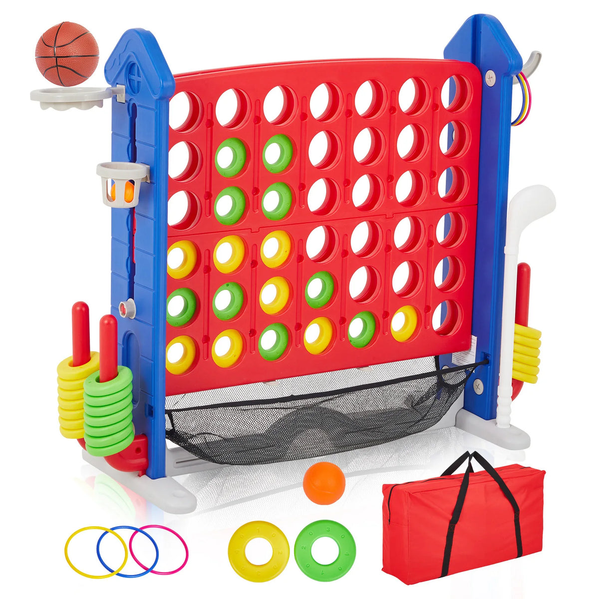 4-In-1 Giant Connect Adjustable Height Outdoor Basketball Hoop Ring Toss Family Game Set