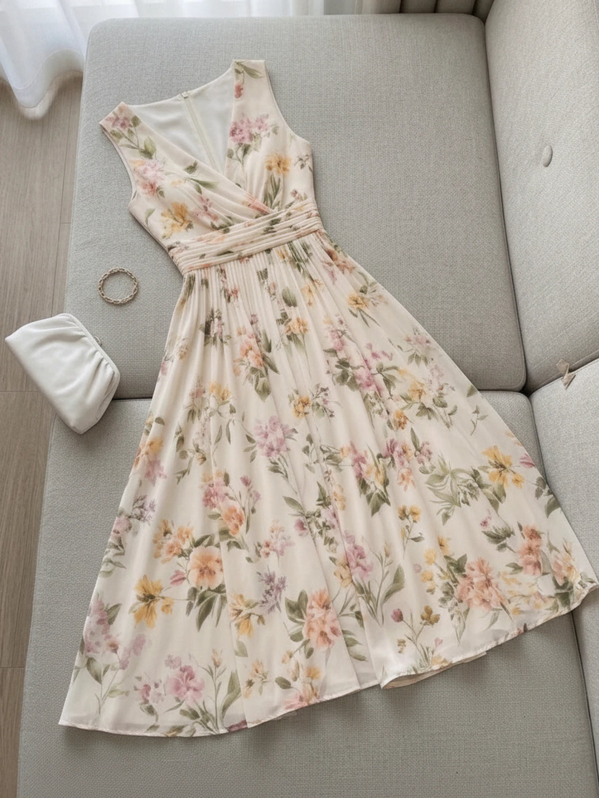 Women Floral Print Wrap Midi Dress V Neck Polyester Swing
