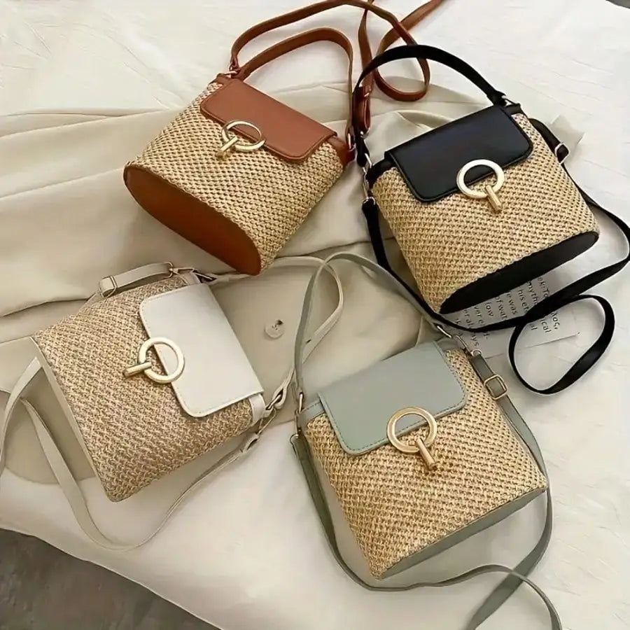 Woven Beach Crossbody Bag With Adjustable Strap And Golden Lock