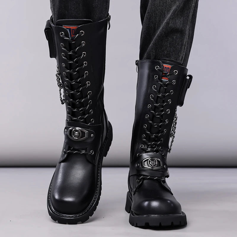 Yuyin Men's Mid Calf Motorcycle Boots Gothic Punk Design