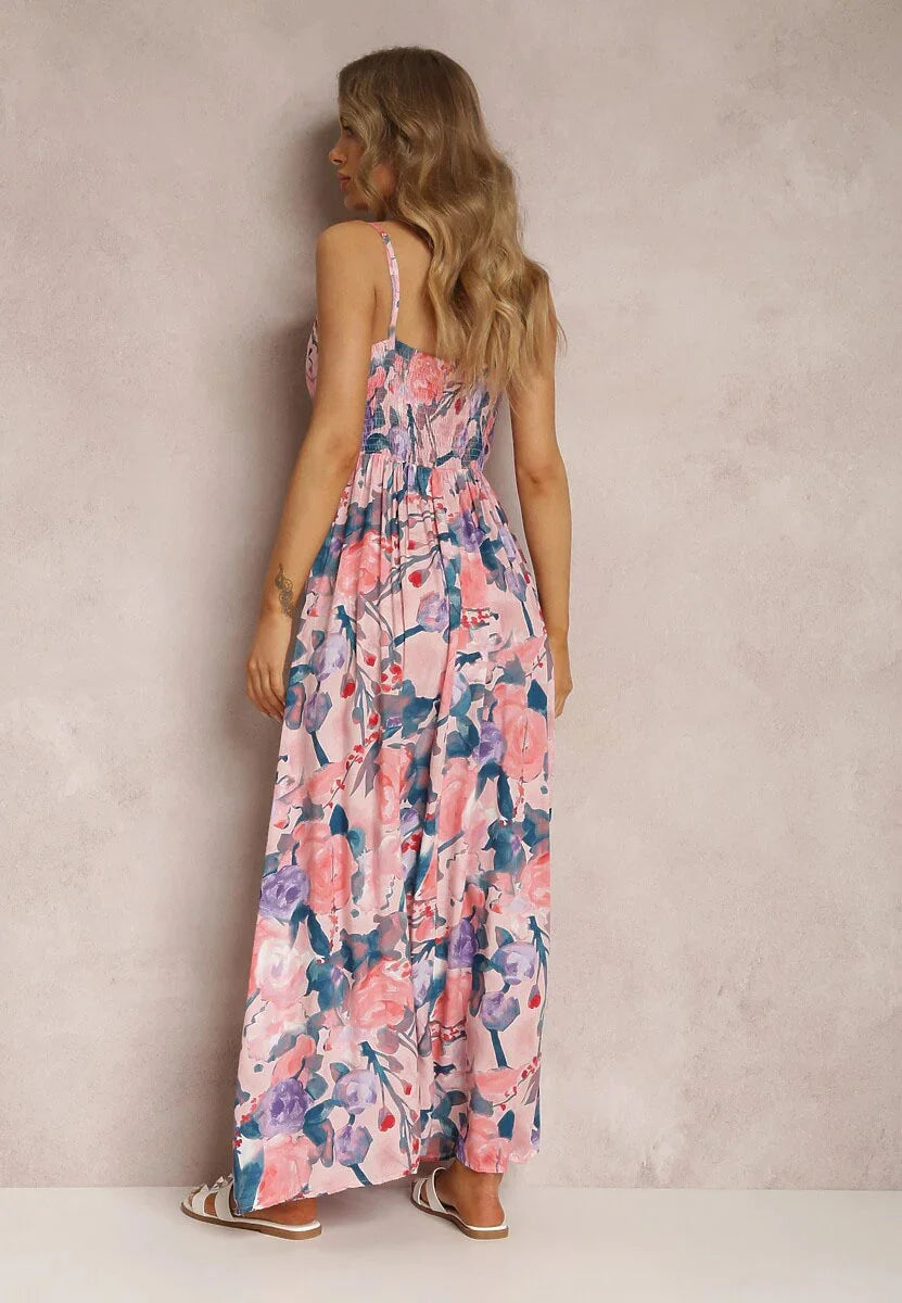 Women Floral Print V Neck Spaghetti Strap Maxi Dress