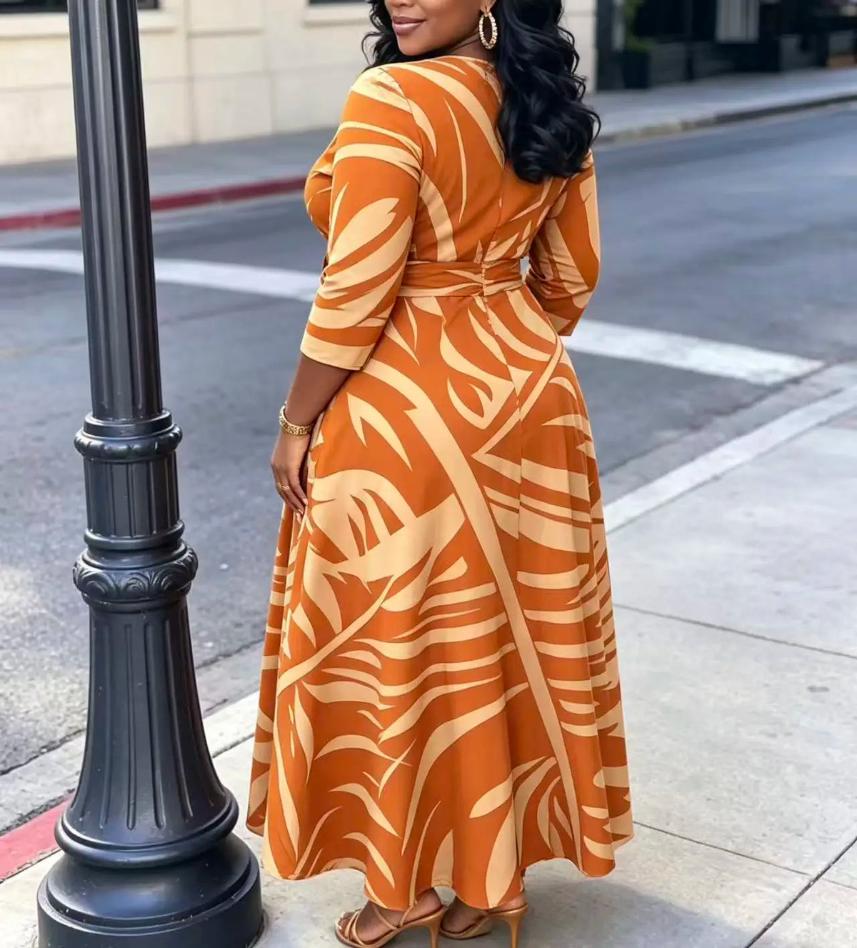 Palm Leaf Print Midi Dress With Cinched Waist And Pockets