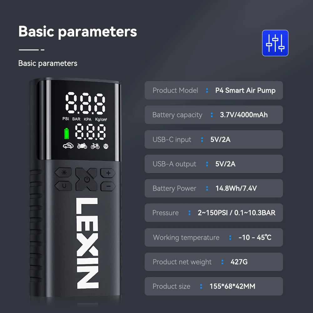 Lexin P4 Smart Inflator Pump 4000mAh LED Digital For Motorcycles Tire Inflation