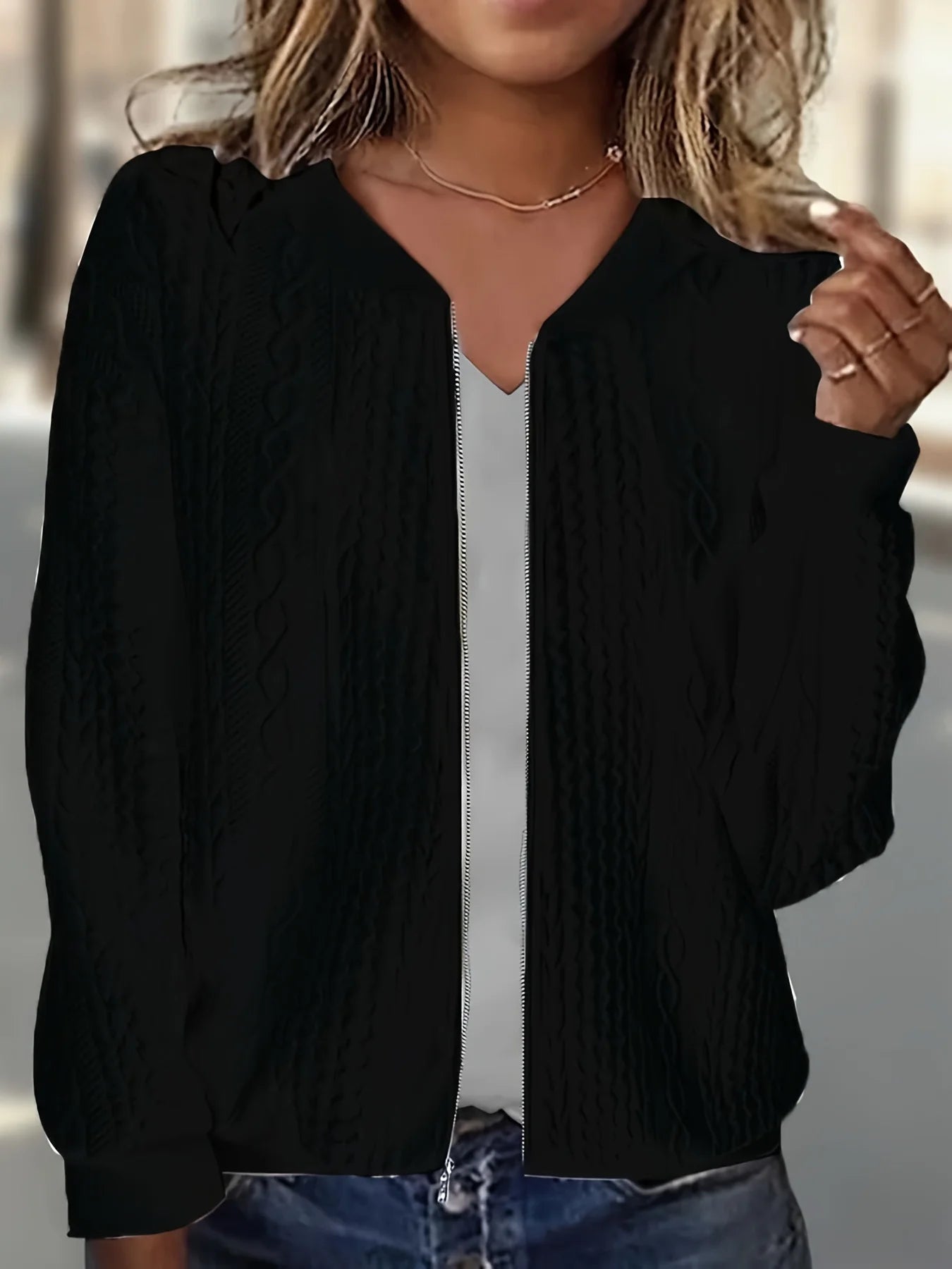Plus Size Women Cable Knit V Neck Zip Jacket