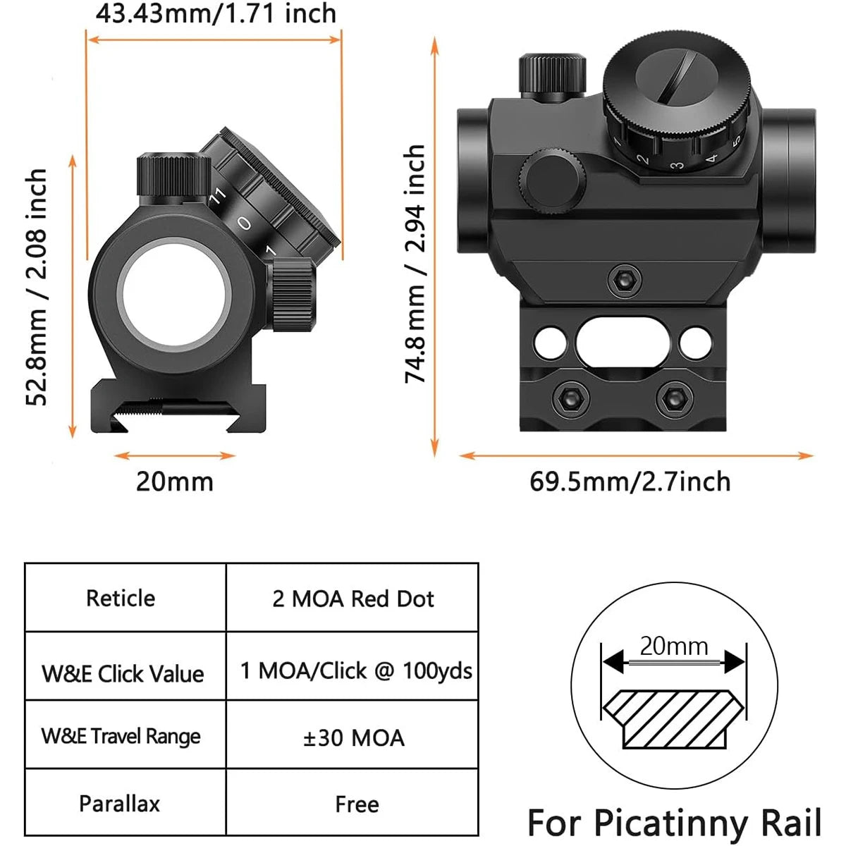 Nabila 2MOA Red Dot Sight 1x25mm Reflex Scope Waterproof Fogproof
