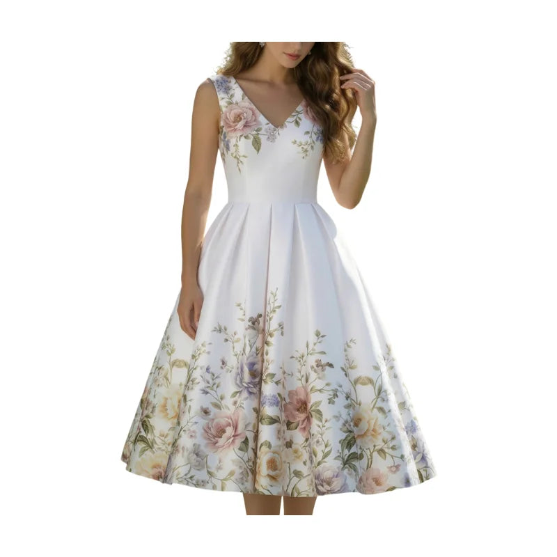 Women V Neck Sleeveless Pleated Floral Swing Midi Dress
