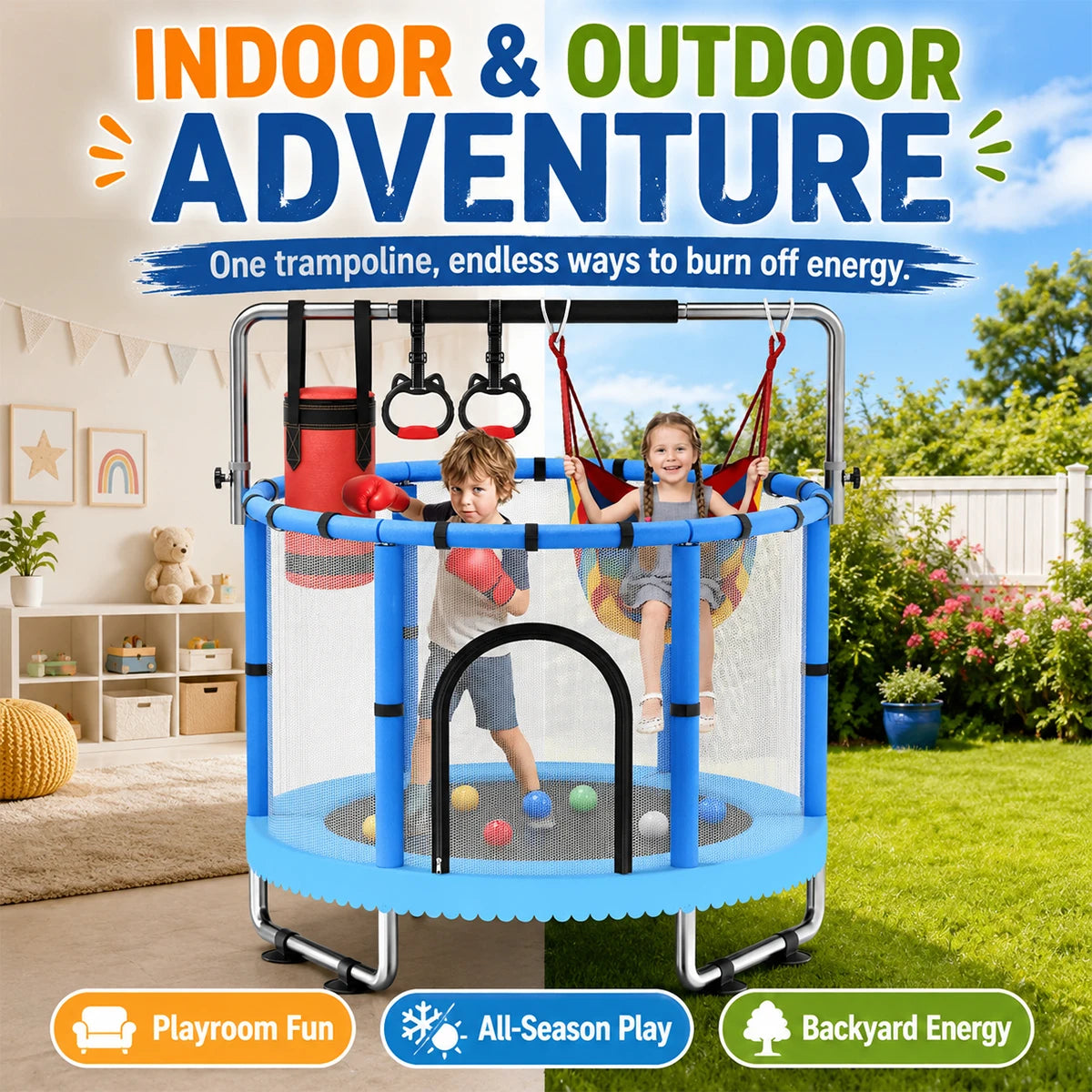 Multifunctional Kids Indoor Trampoline With Swing And Boxing Bag