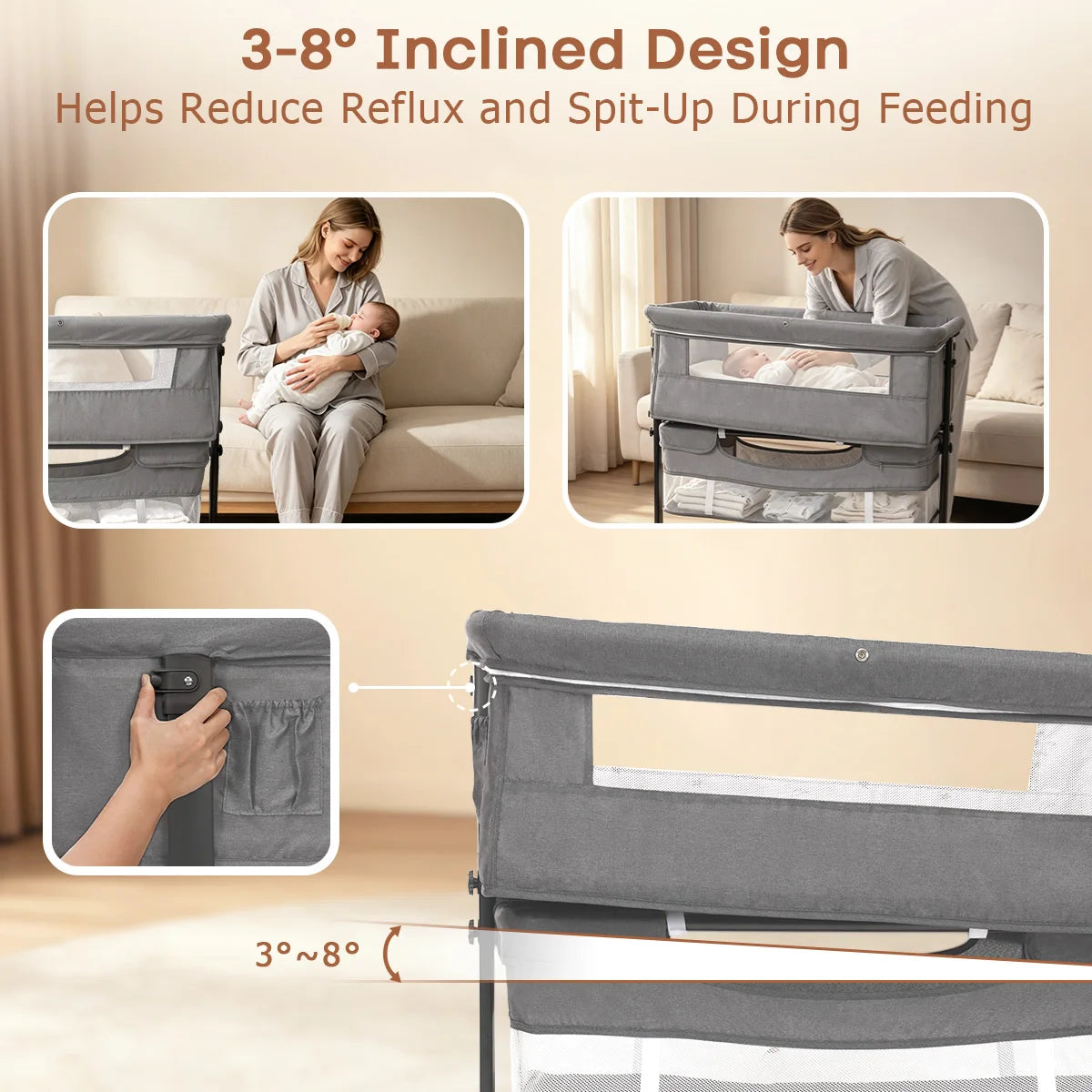 3 In 1 Foldable Baby Bassinet Bedside Sleeper Breathable Mesh