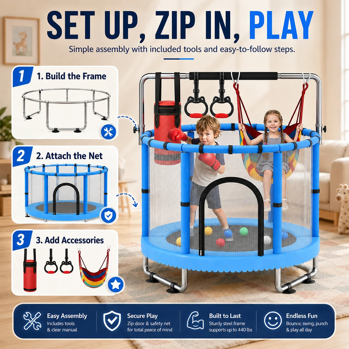 Multifunctional Kids Indoor Trampoline With Swing And Boxing Bag
