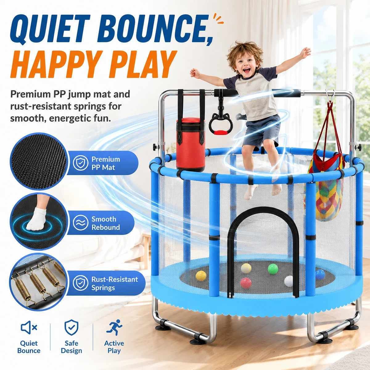 Multifunctional Kids Indoor Trampoline With Swing And Boxing Bag