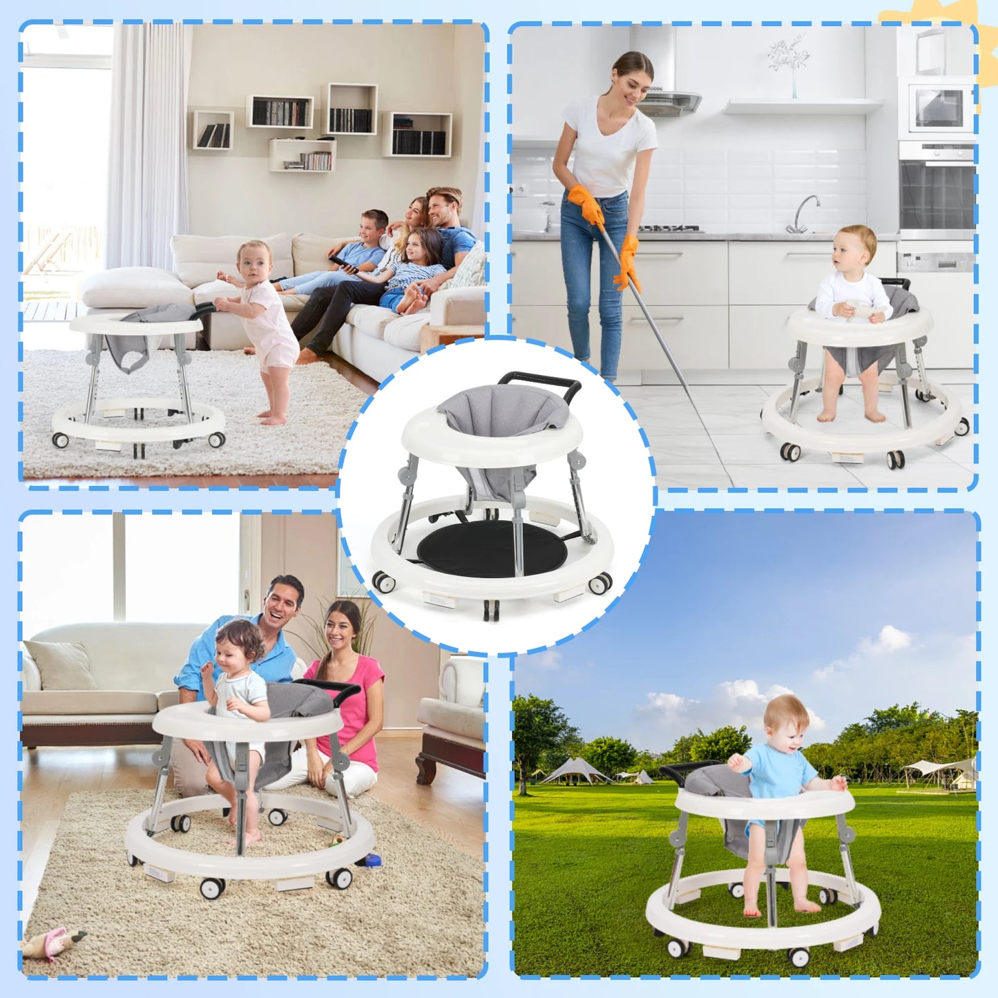 Foldable Adjustable Height Baby Walker For Toddler With Activity Tray