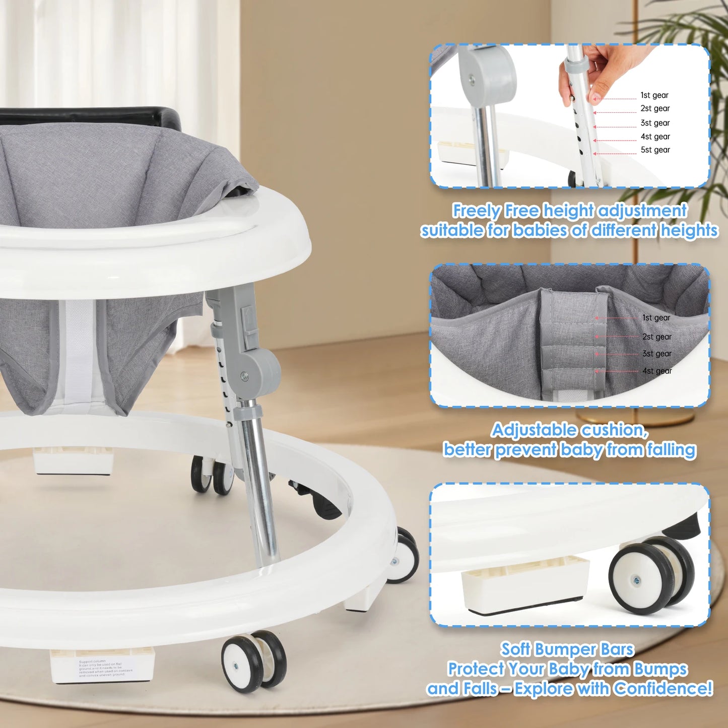 Foldable Adjustable Height Baby Walker For Toddler With Activity Tray