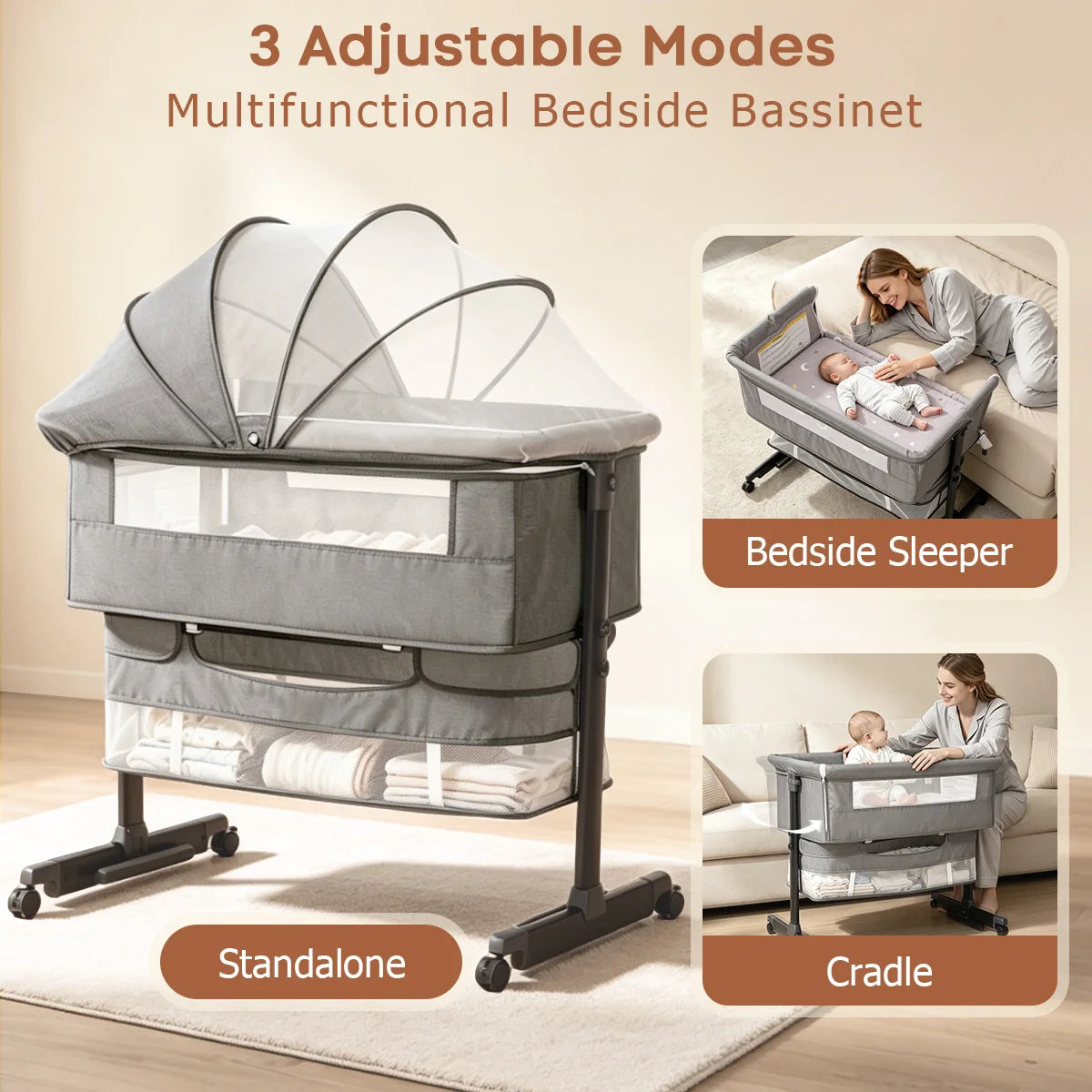 3 In 1 Foldable Baby Bassinet Bedside Sleeper Breathable Mesh