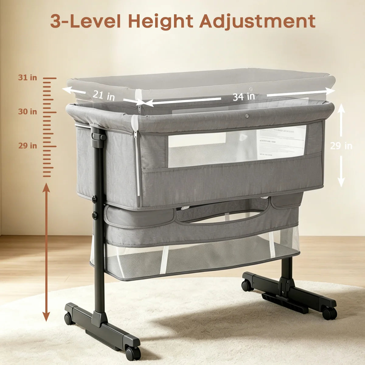 3 In 1 Foldable Baby Bassinet Bedside Sleeper Breathable Mesh