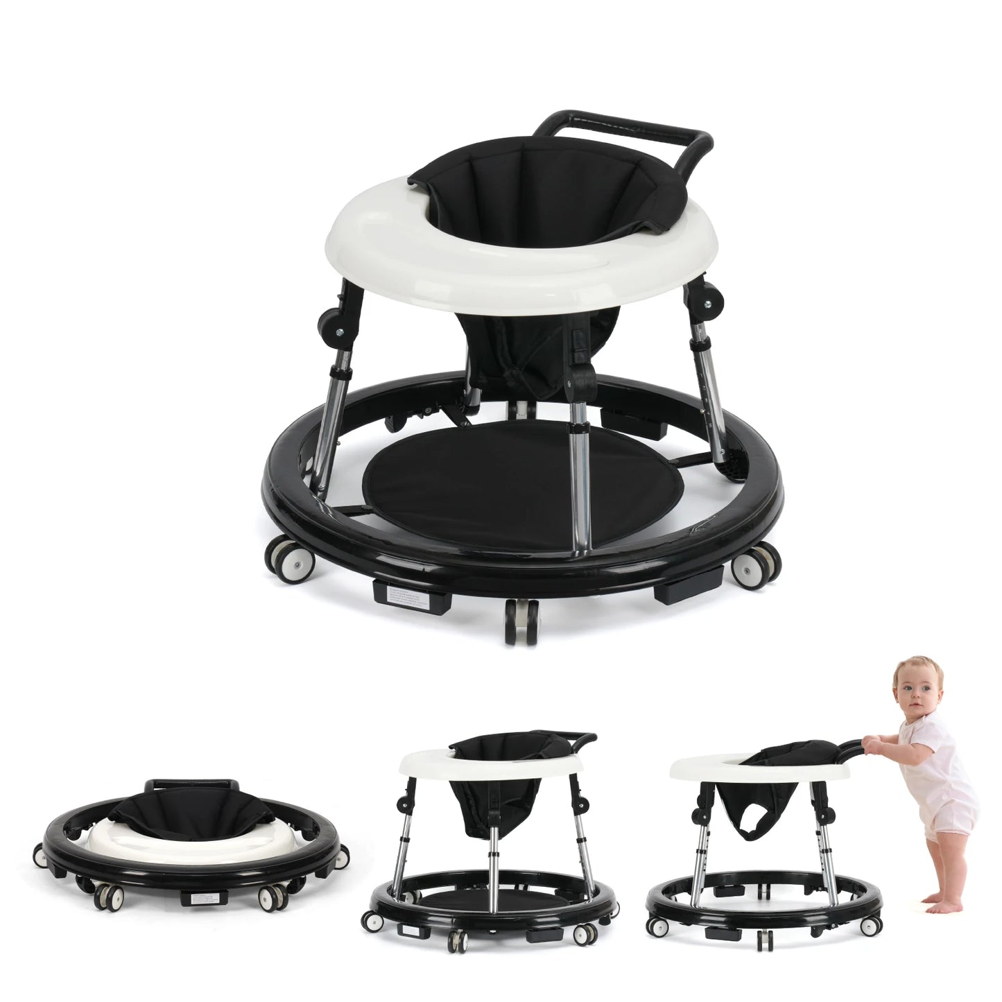 Baby Walker With Adjustable Height Foldable Design Wheels Tray