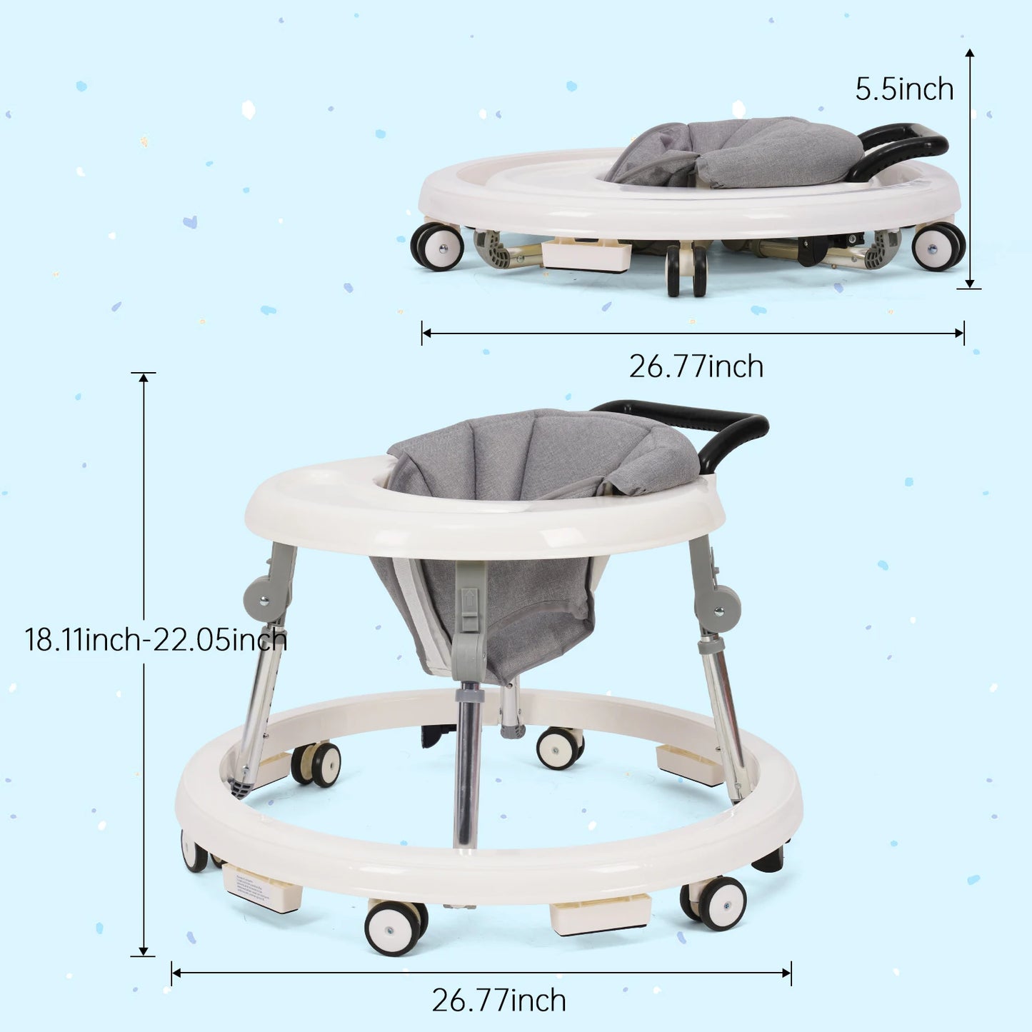 Foldable Adjustable Height Baby Walker For Toddler With Activity Tray