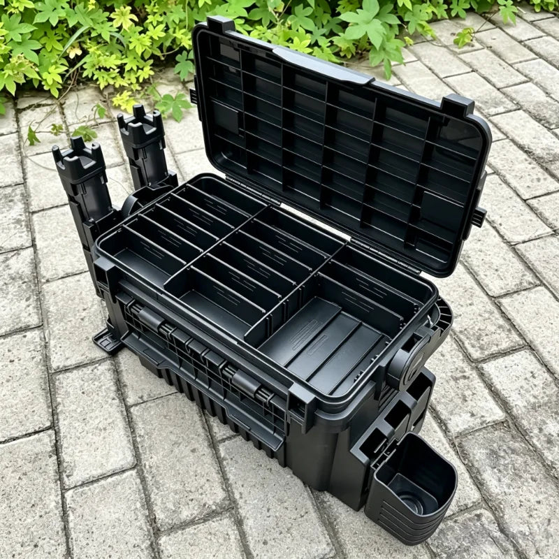 Portable Waterproof Fishing Tackle Box With Rod Holders And Dividers