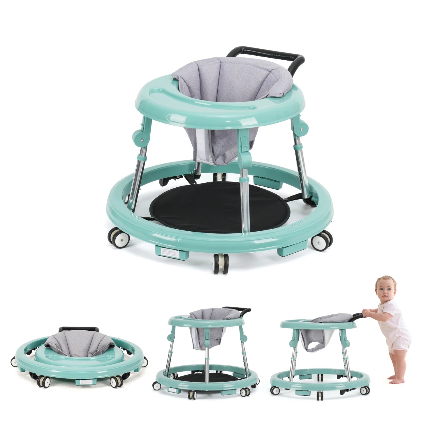 Baby Walker With Adjustable Height Foldable Design Wheels Tray