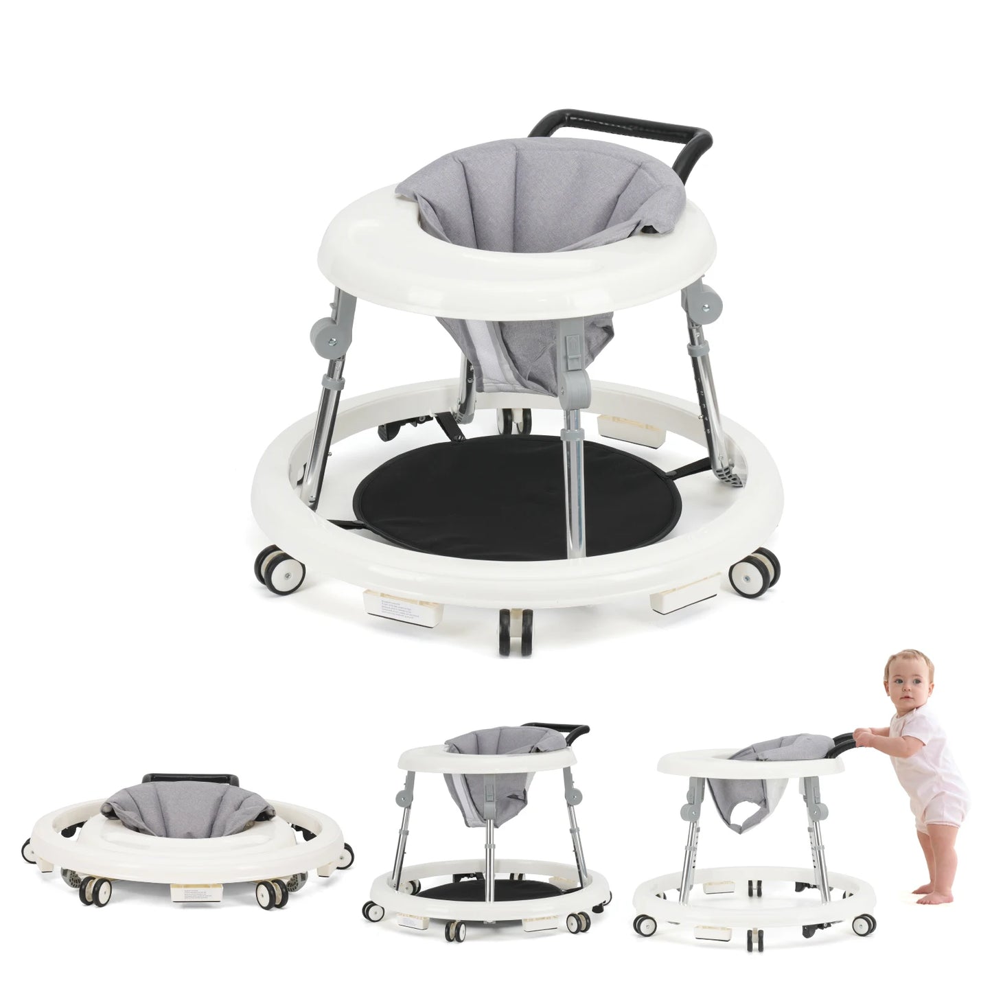 Baby Walker With Adjustable Height Foldable Design Wheels Tray