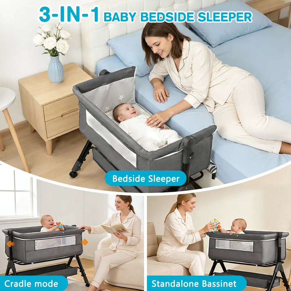 Portable 3 In 1 Foldable Baby Bassinet Bedside Sleeper Crib