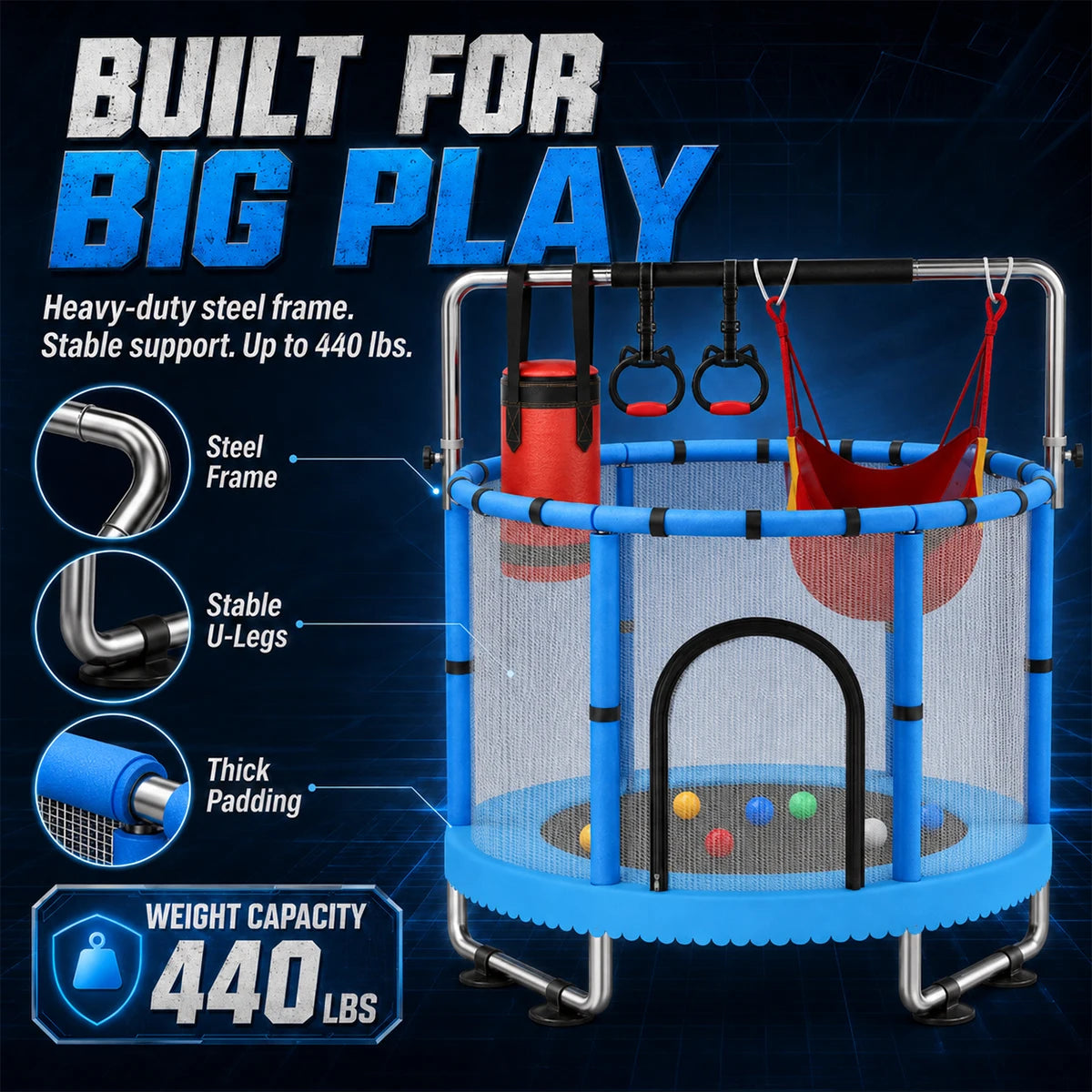 Multifunctional Kids Indoor Trampoline With Swing And Boxing Bag