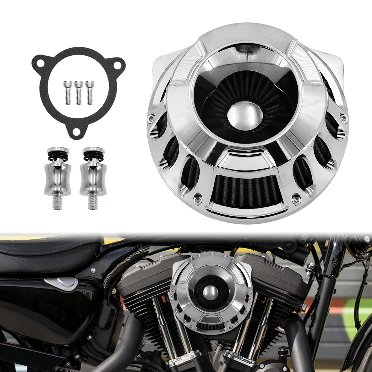 Mactions Chrome CNC Cut Gray Air Filter For Harley M8