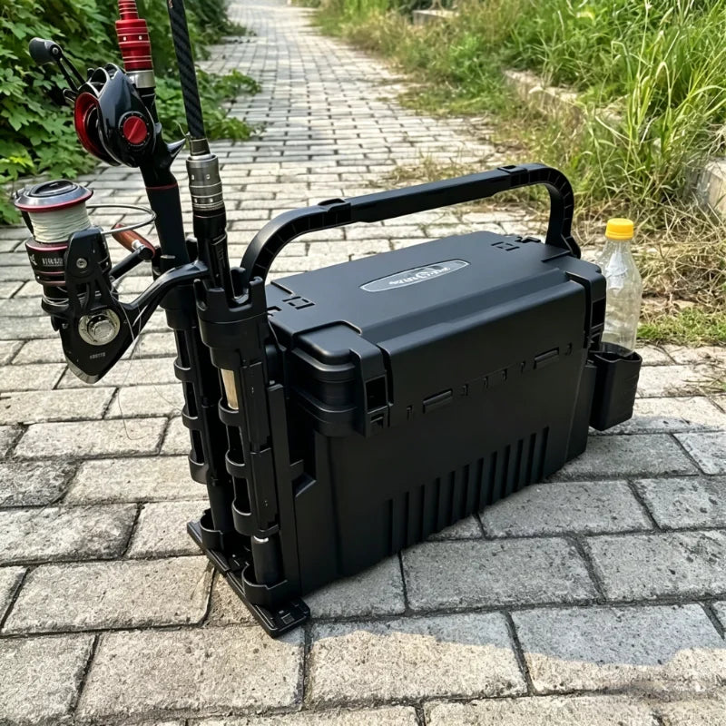 Portable Waterproof Fishing Tackle Box With Rod Holders And Dividers