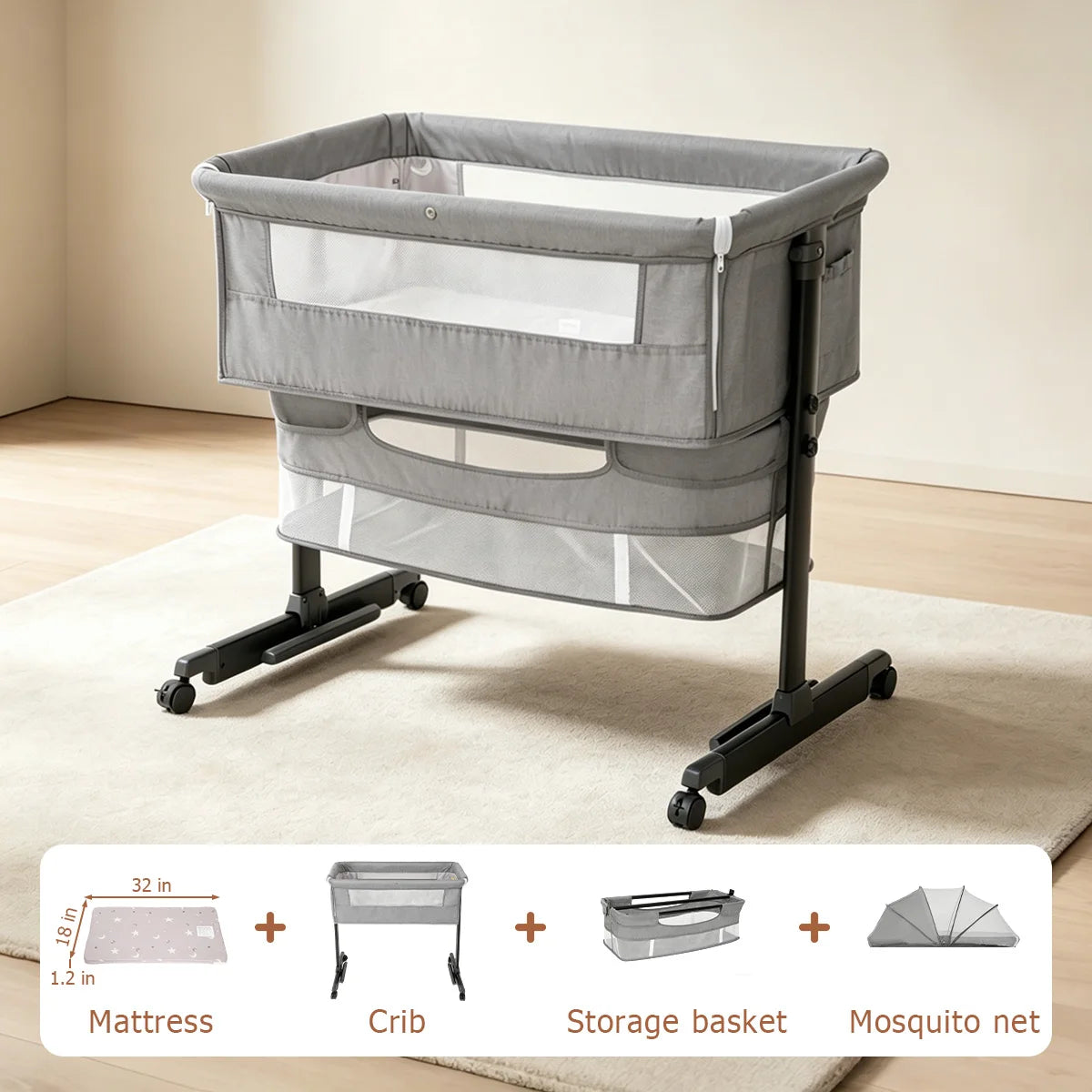 3 In 1 Foldable Baby Bassinet Bedside Sleeper Breathable Mesh