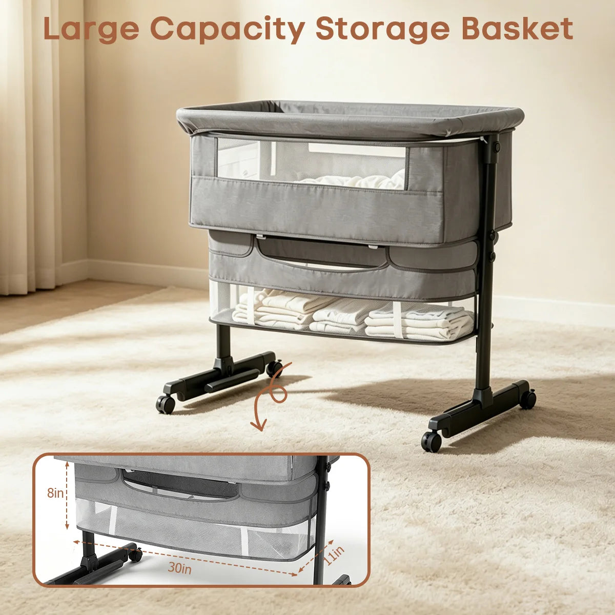 3 In 1 Foldable Baby Bassinet Bedside Sleeper Breathable Mesh