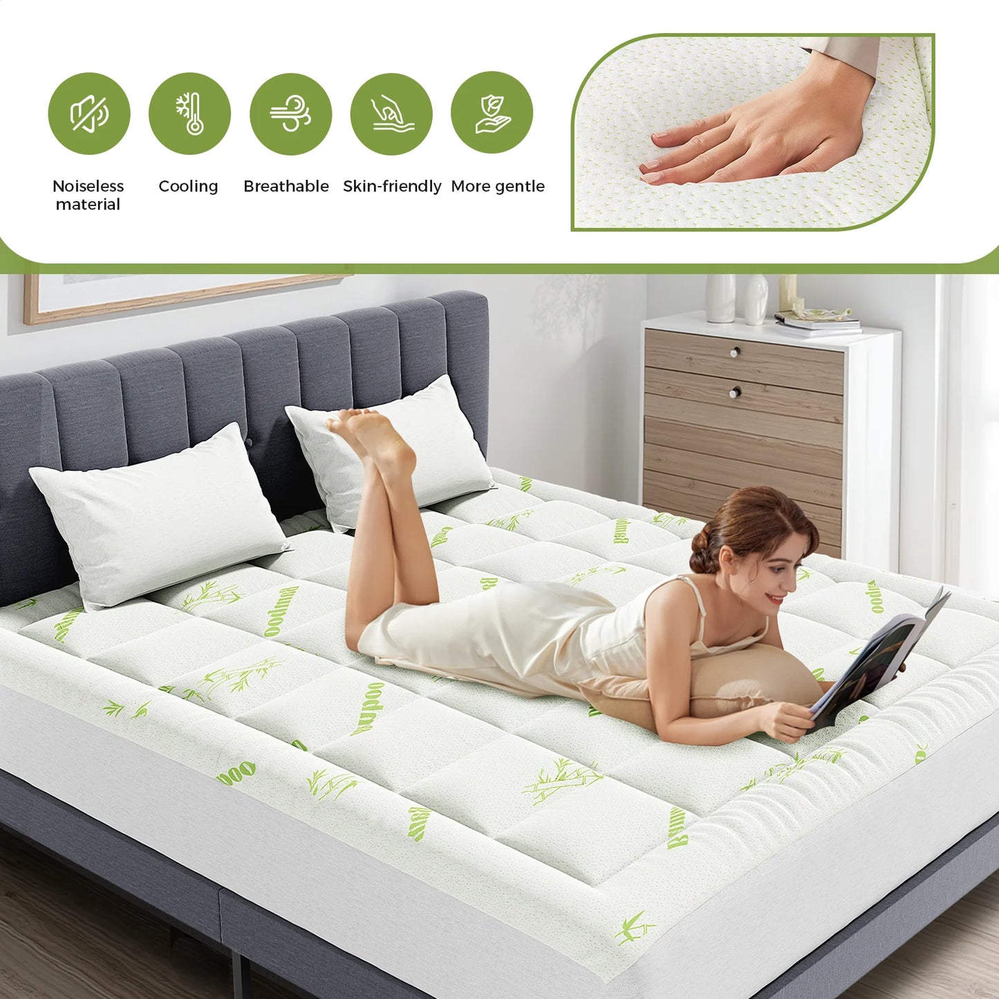 JHK Bamboo Fiber Mattress Topper Deep Pockets for Back Pain Relief