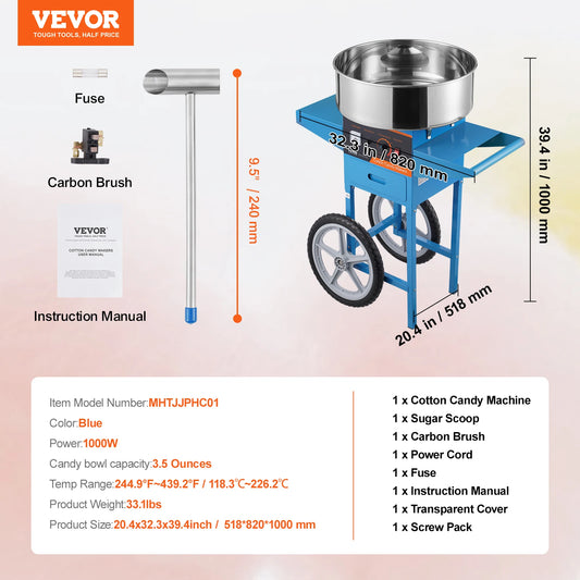SucceBuy Commercial Electric Cotton Candy Machine With Cart And Drawer
