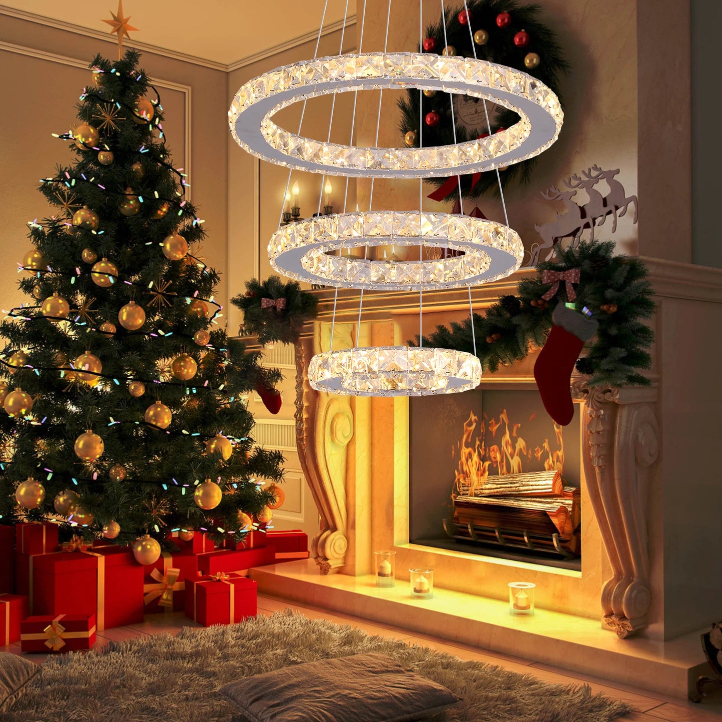 GreeLustr Modern LED Pendant Light Crystal Rings Dimmable Chandelier