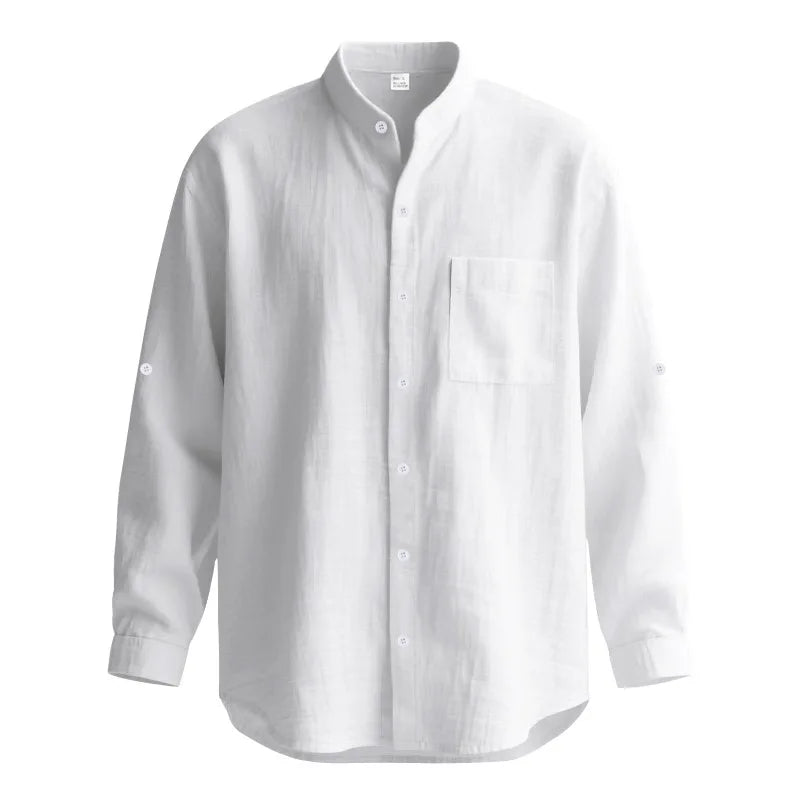 Men Linen Button Down Shirt With Mandarin Collar Chest Pocket Breathable