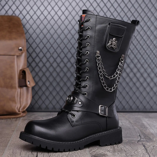 Yuyin Men's Mid Calf Motorcycle Boots Gothic Punk Design