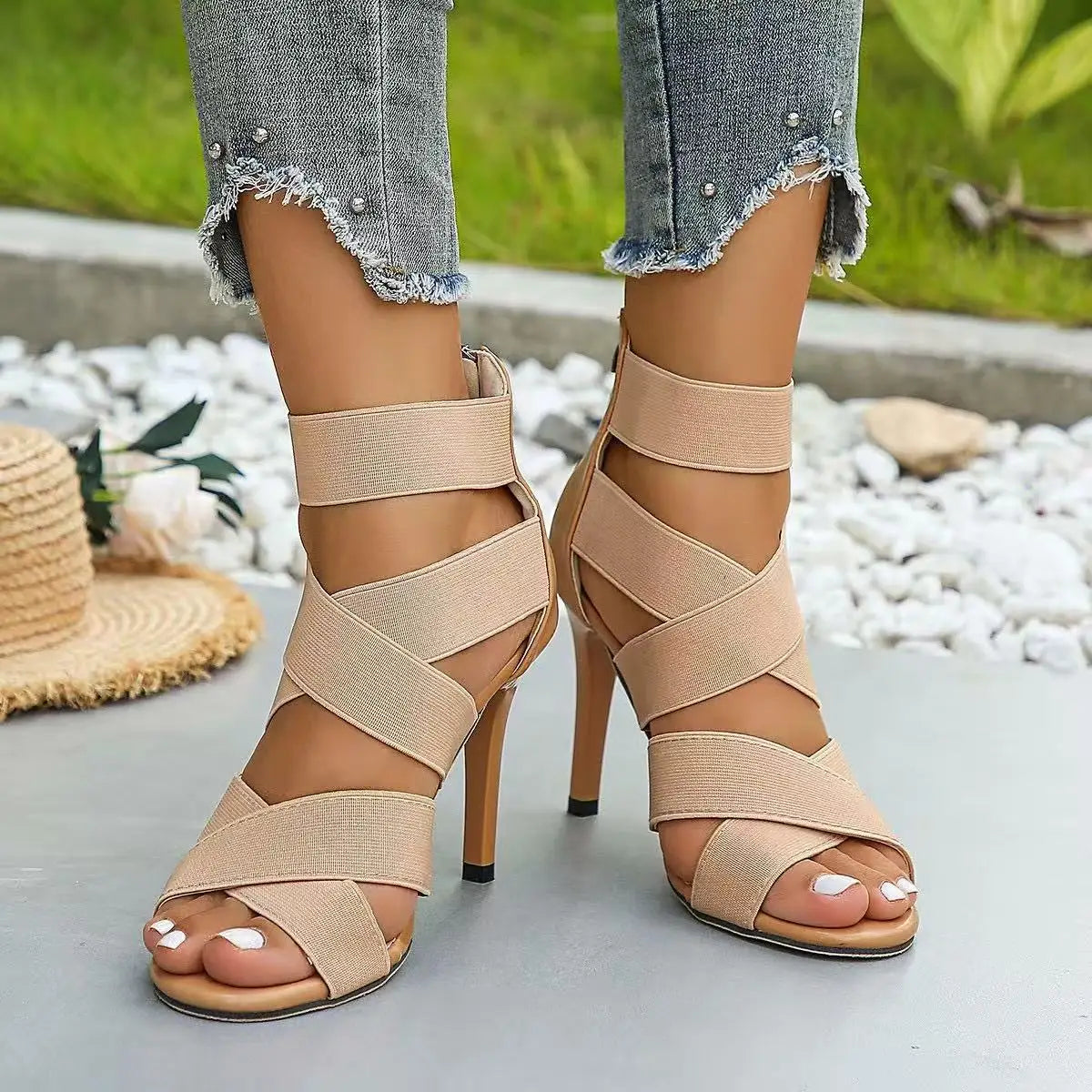 Women's Multi Strap Ankle Wrap Stiletto Heel Sandals Open Toe Back Zipper