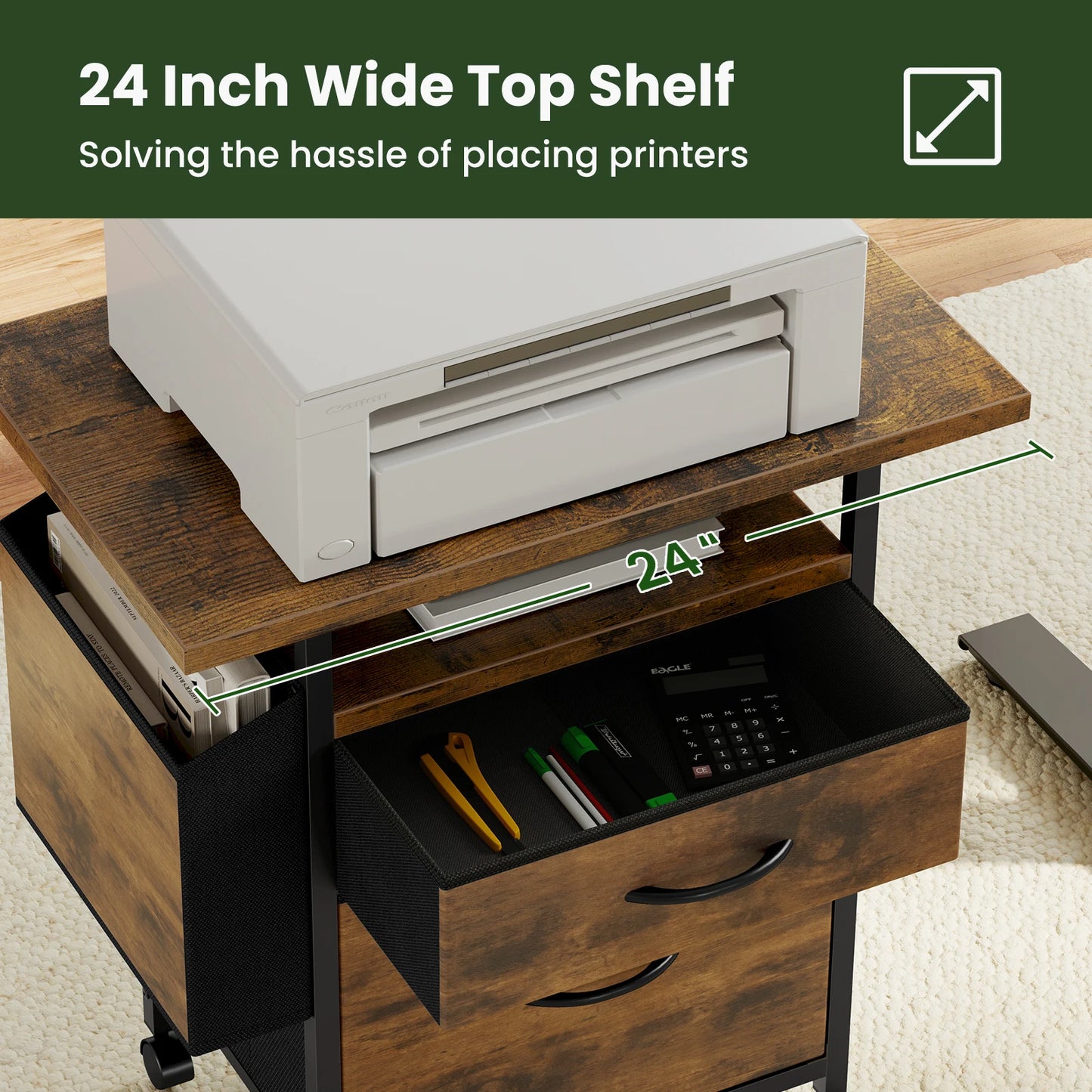 JHK Wheeled Mobile File Cabinet With 2 Fabric Drawers And Open Shelf