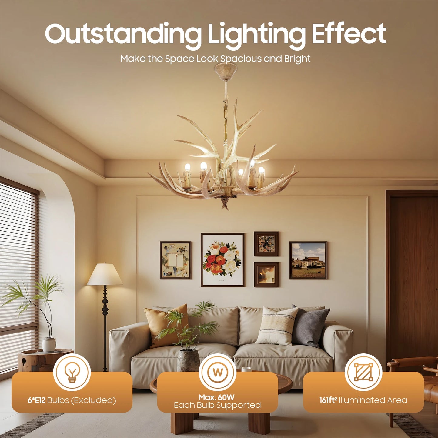 110V Resin Deer Antler Ceiling Light Chandelier 6 Lights