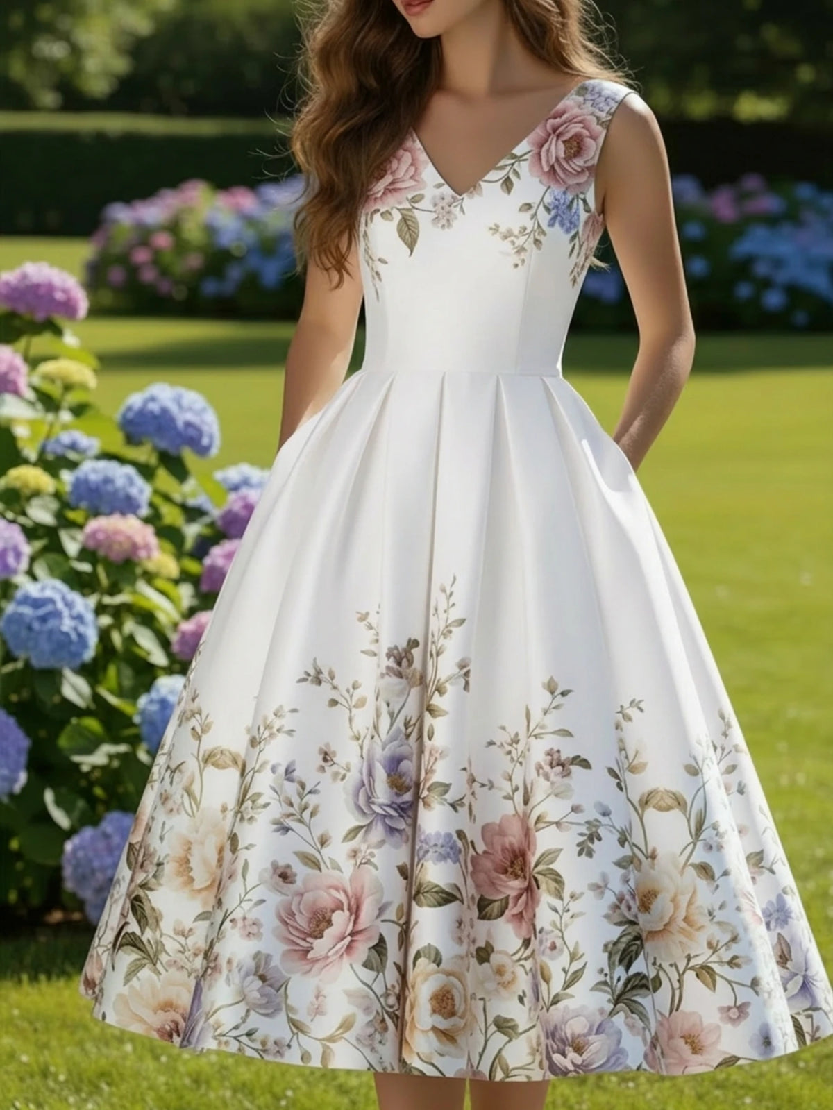 Women V Neck Sleeveless Pleated Floral Swing Midi Dress