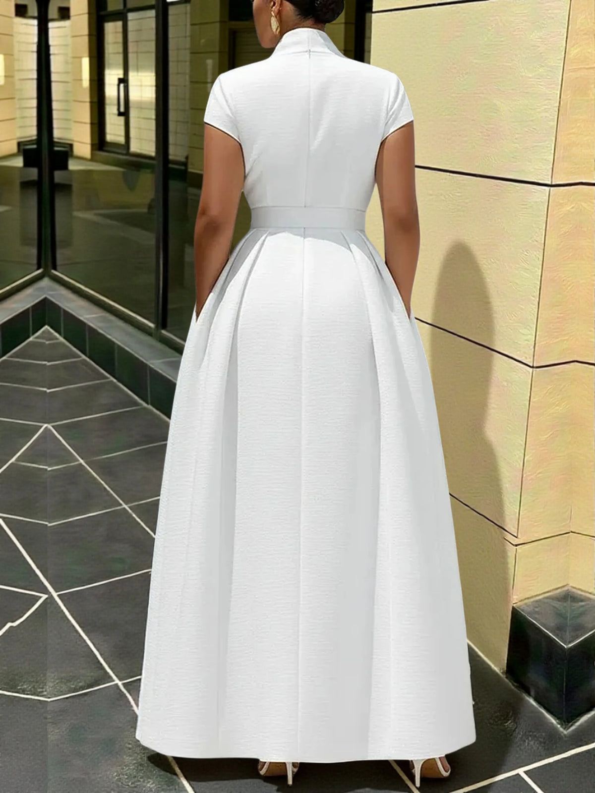 Women Elegant Lapel Wrap Belted Pleated Swing Maxi Dress