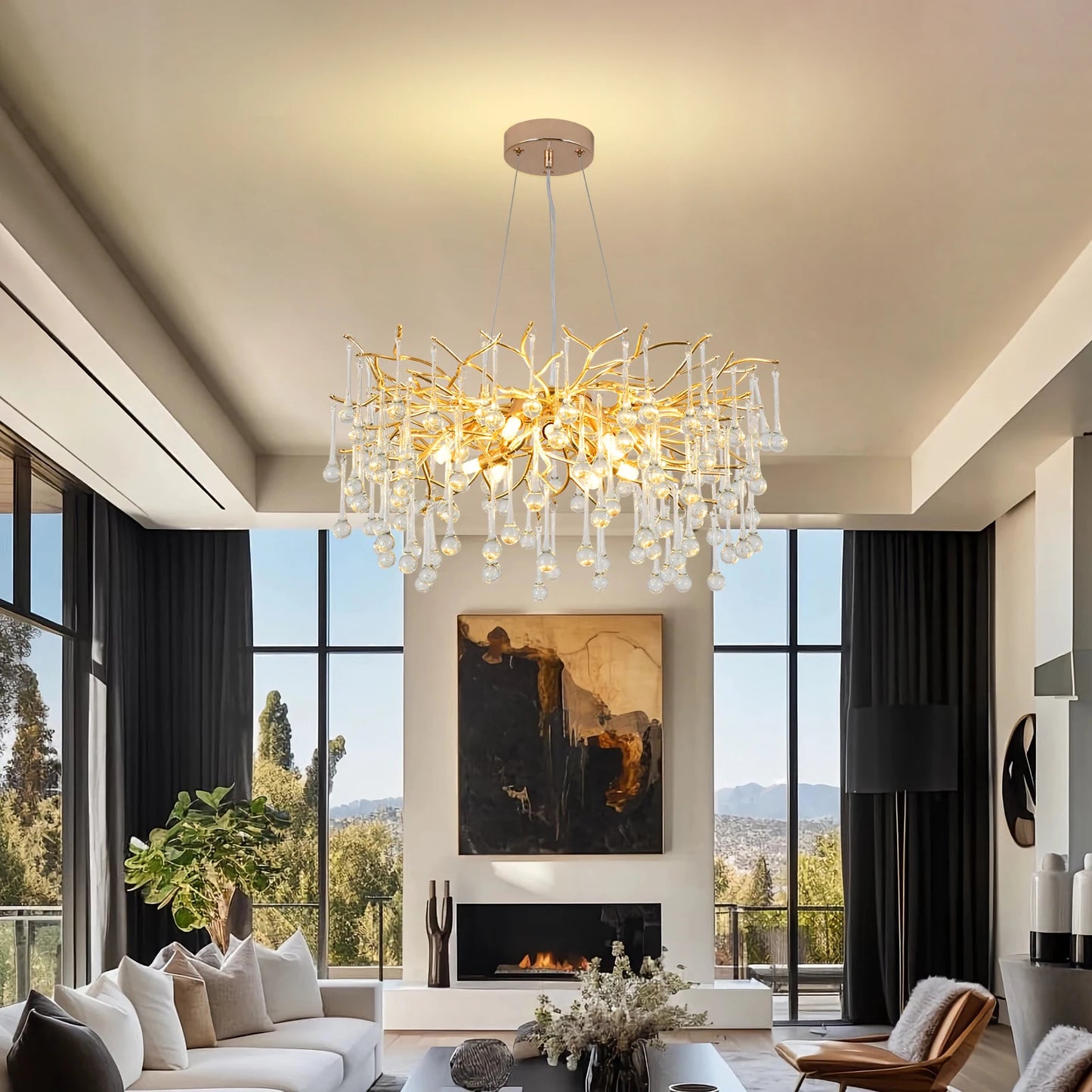 GreeLustr Modern Luxury Gold Crystal Tree Branch Ceiling Chandelier