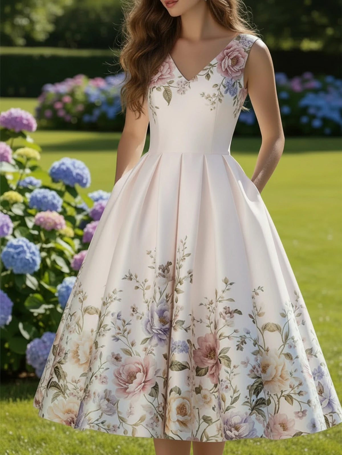 Women V Neck Sleeveless Pleated Floral Swing Midi Dress