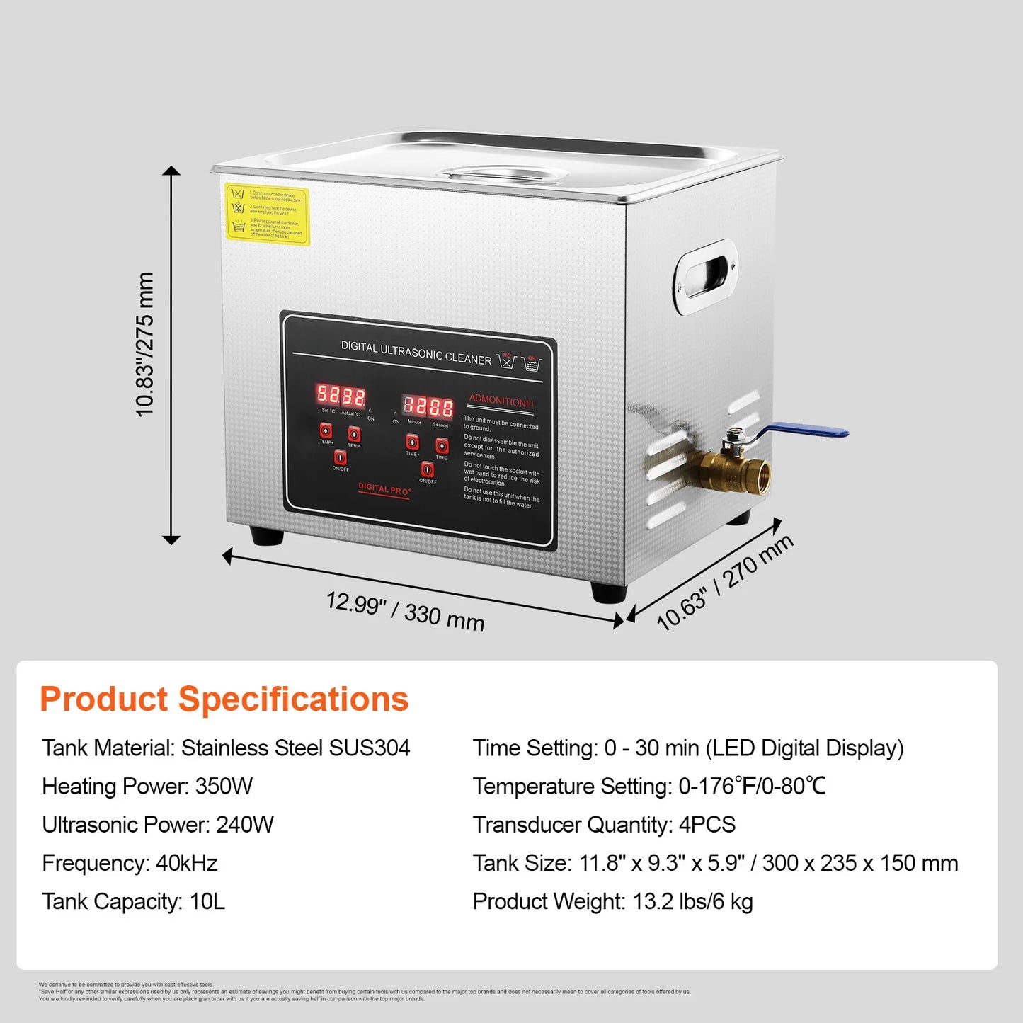 Succebuy Ultrasonic Cleaner 33-40kHz 800W Stainless Steel Home Appliance