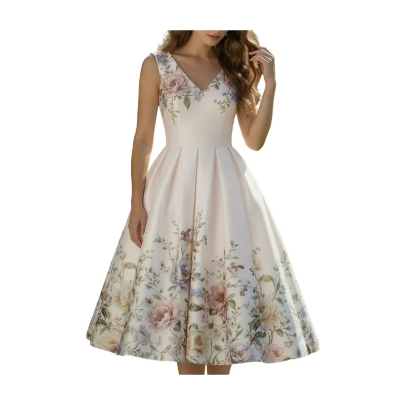 Women V Neck Sleeveless Pleated Floral Swing Midi Dress