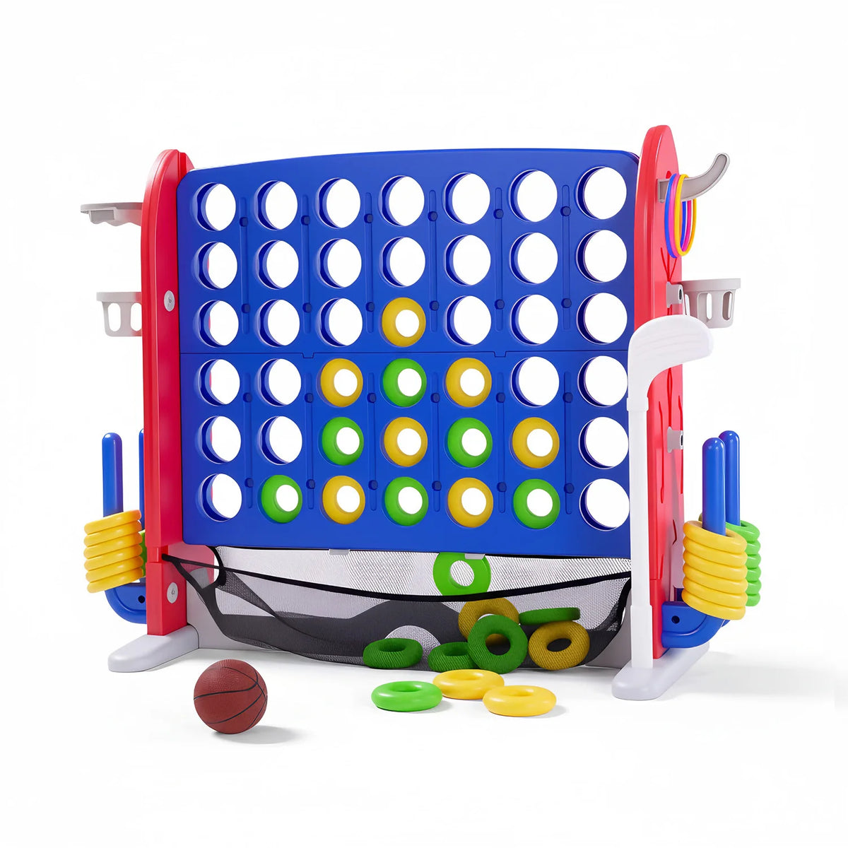 4-In-1 Giant Connect Adjustable Height Outdoor Basketball Hoop Ring Toss Family Game Set