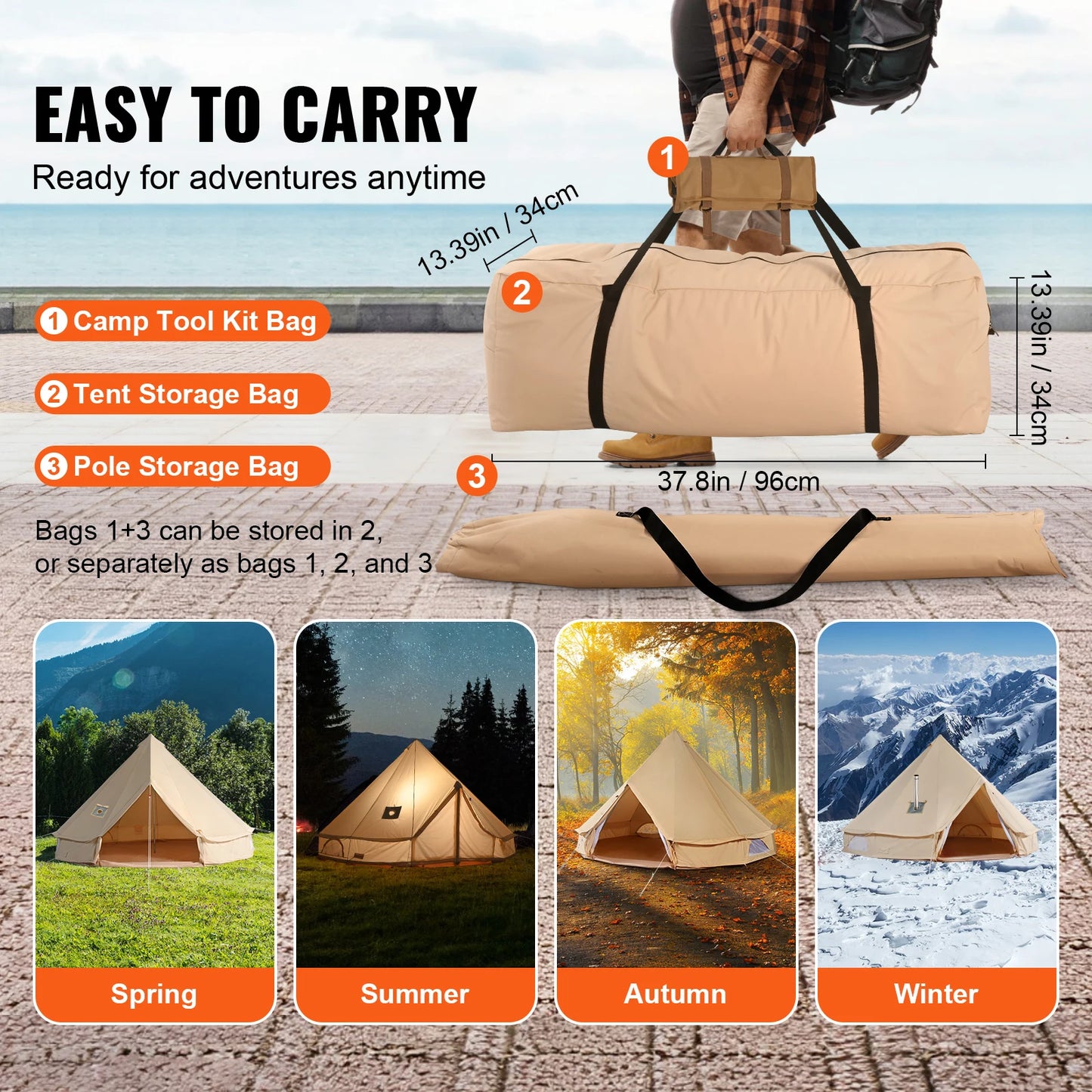 SucceBuy Canvas Bell Tent 4 Seasons Outdoor Camping Stove Breathable
