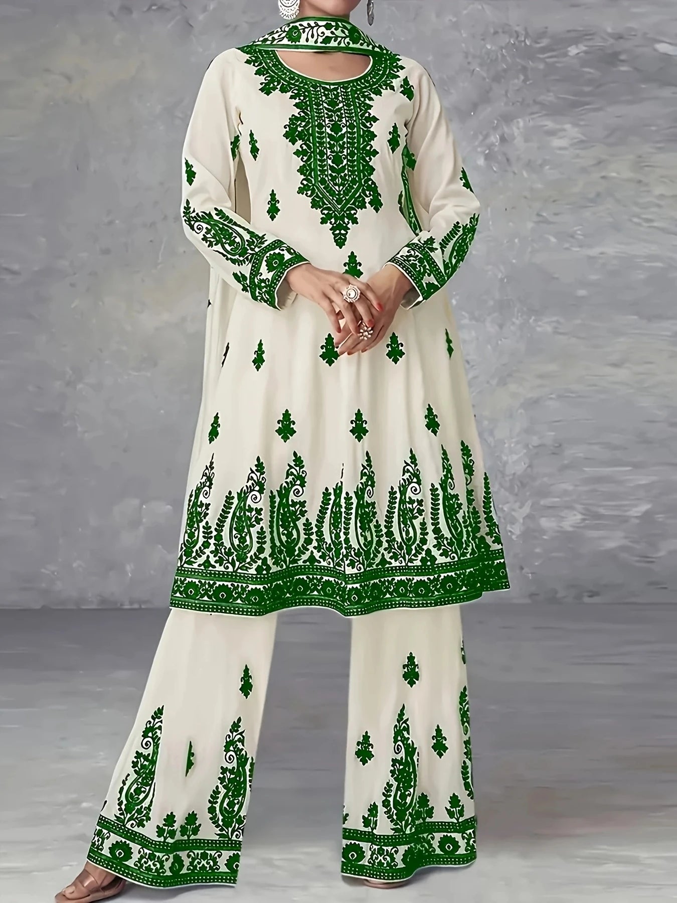 Printed Ethnic Three Piece Crew Neck Set With Headscarf