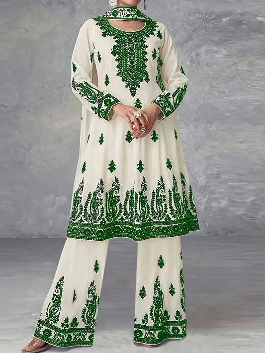 Printed Ethnic Three Piece Crew Neck Set With Headscarf